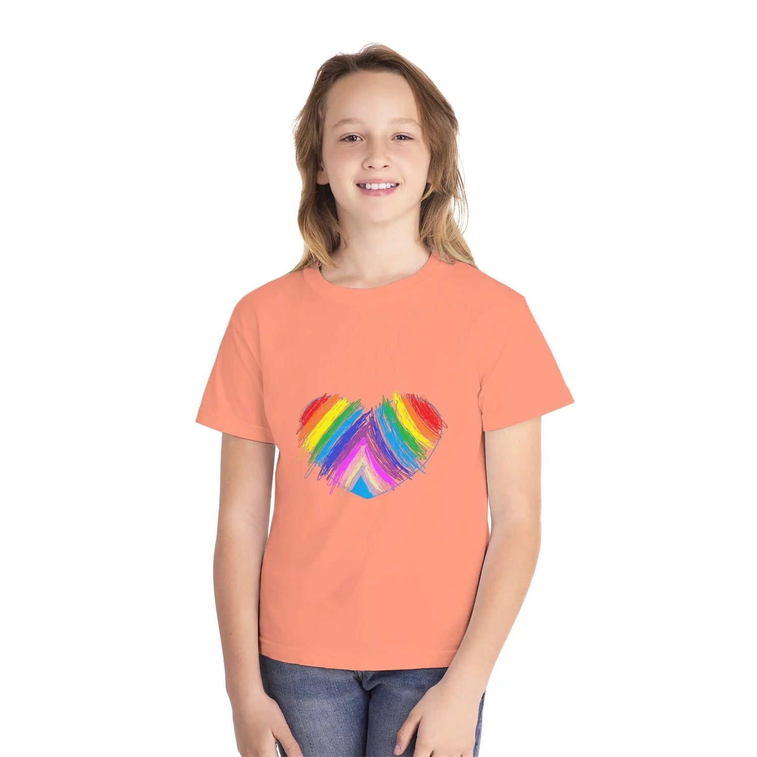 Rainbow Heart Drawing Youth Midweight T-shirt in 16 great colors Terracotta