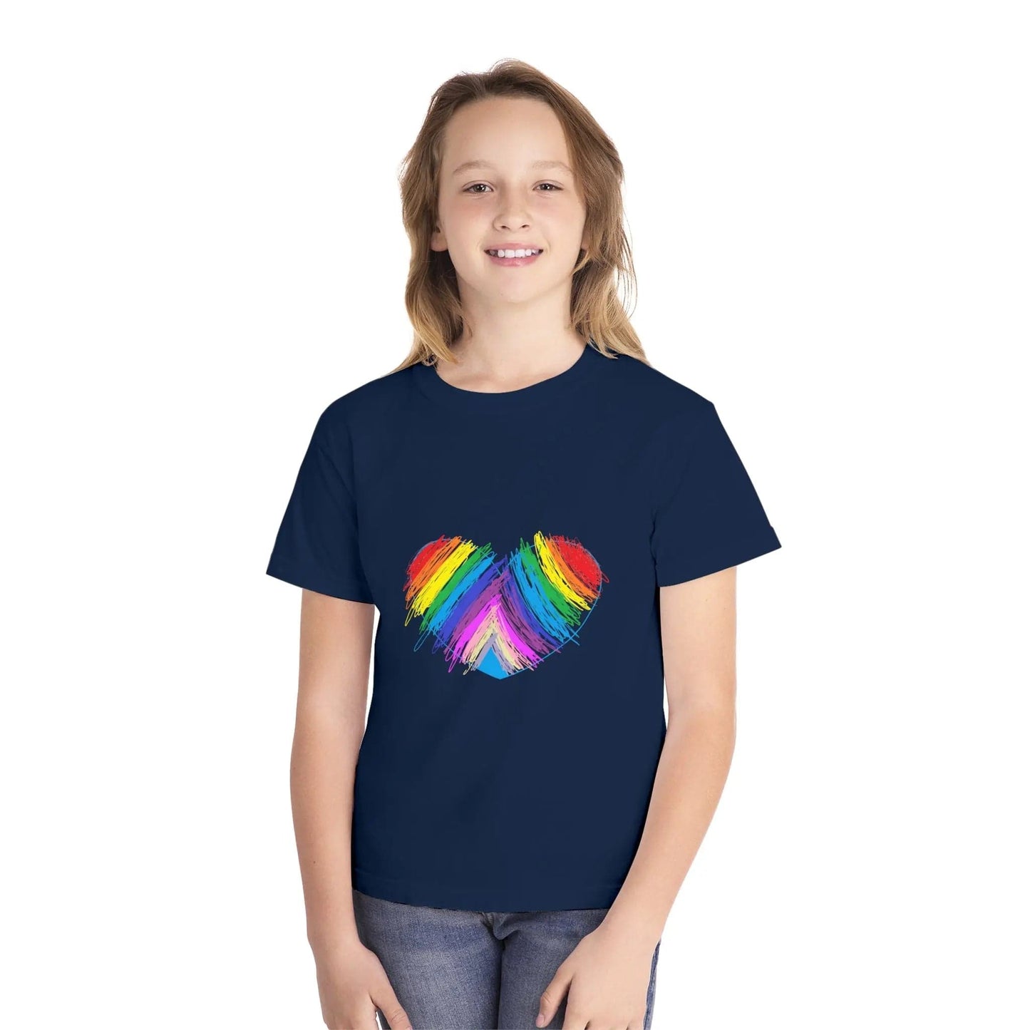 Rainbow Heart Drawing Youth Midweight T-shirt in 16 great colors True Navy