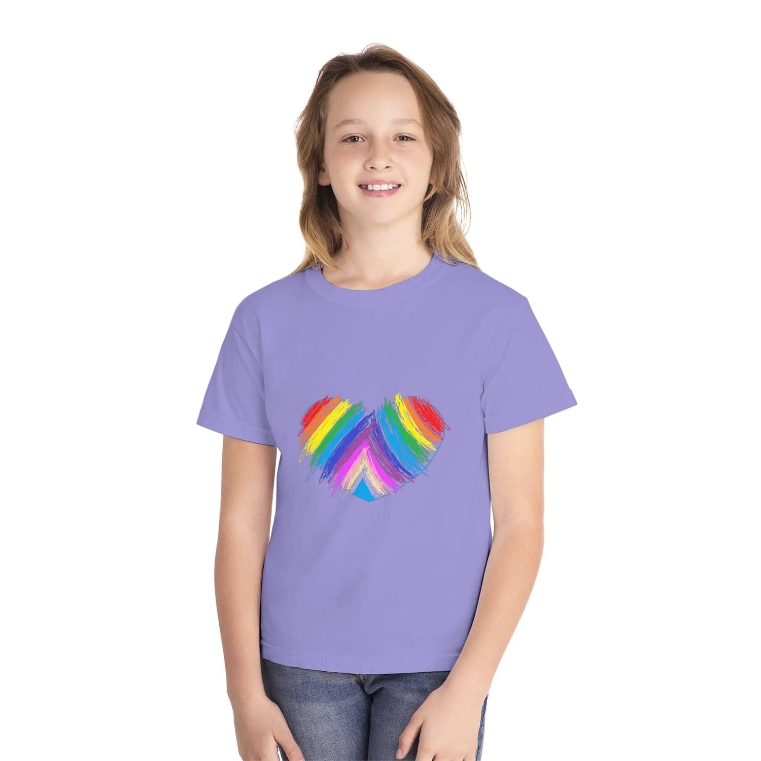 Rainbow Heart Drawing Youth Midweight T-shirt in 16 great colors Violet