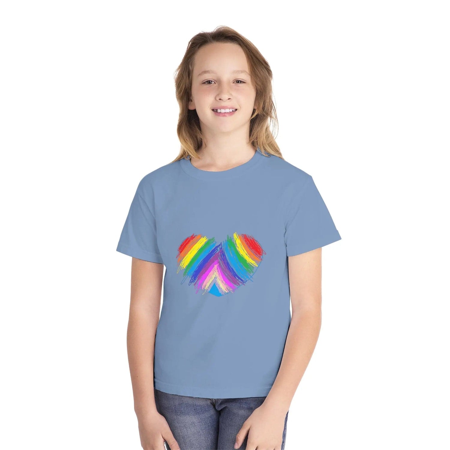 Rainbow Heart Drawing Youth Midweight T-shirt in 16 great colors Washed Denim