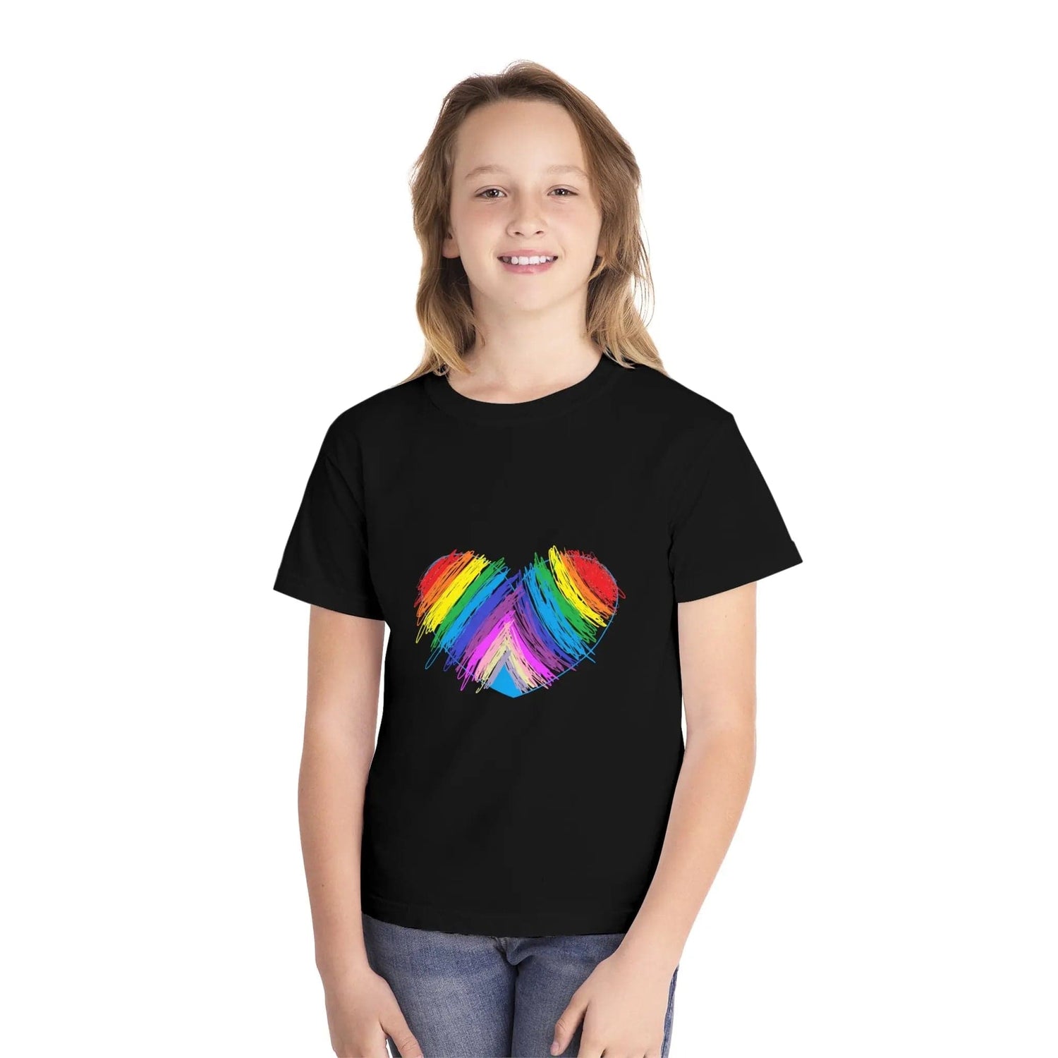 Rainbow Heart Drawing Youth Midweight T-shirt in 16 great colors Black