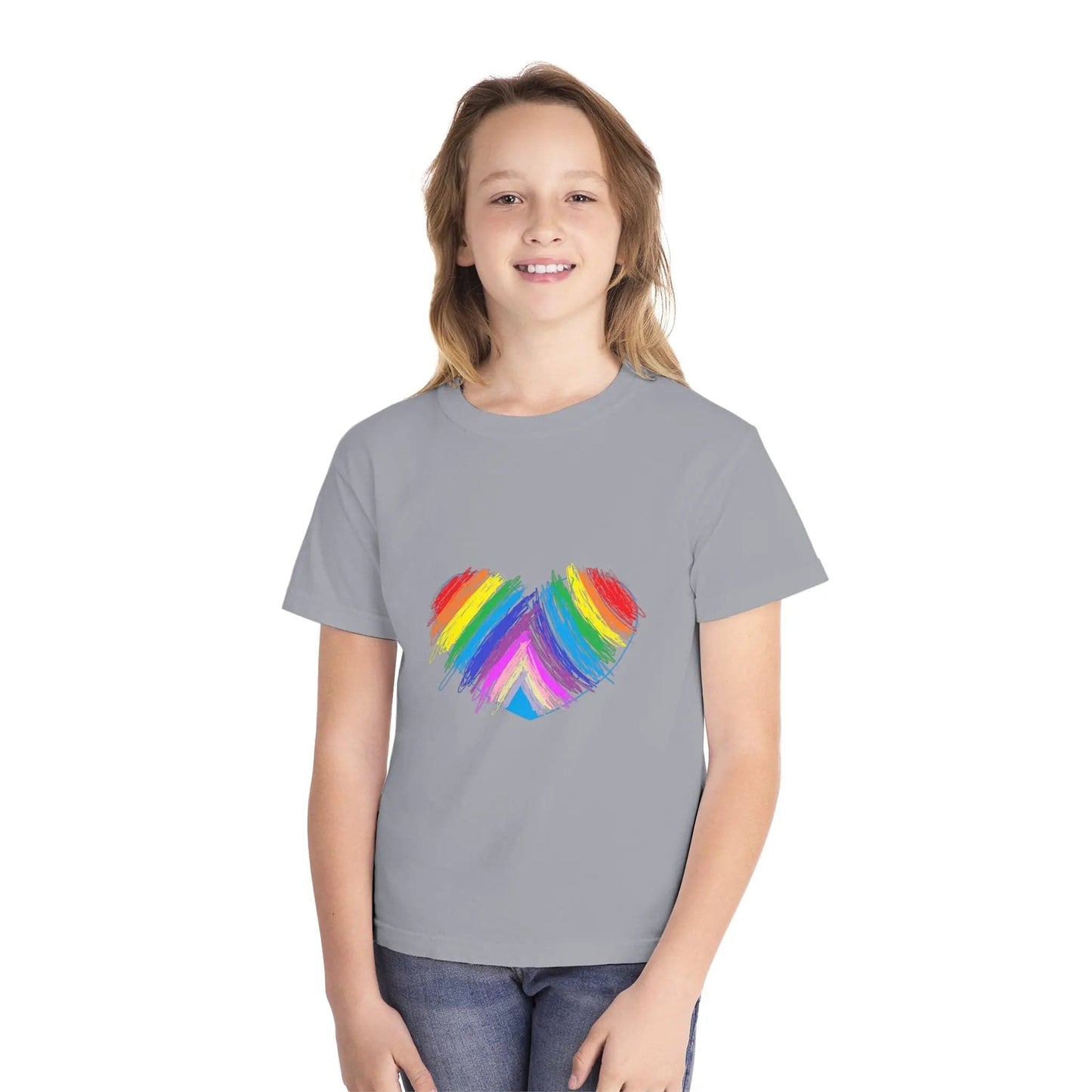 Rainbow Heart Drawing Youth Midweight T-shirt in 16 great colors Granite