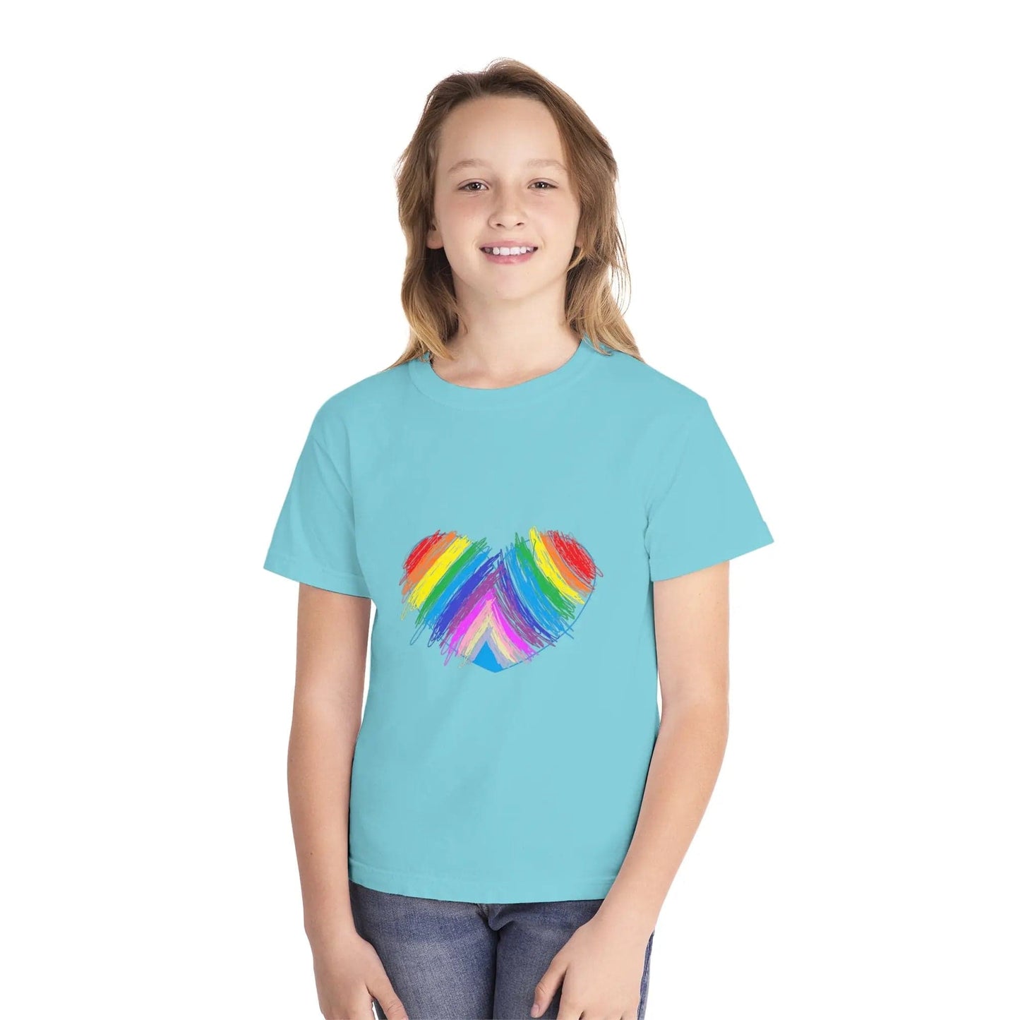 Rainbow Heart Drawing Youth Midweight T-shirt in 16 great colors Lagoon Blue