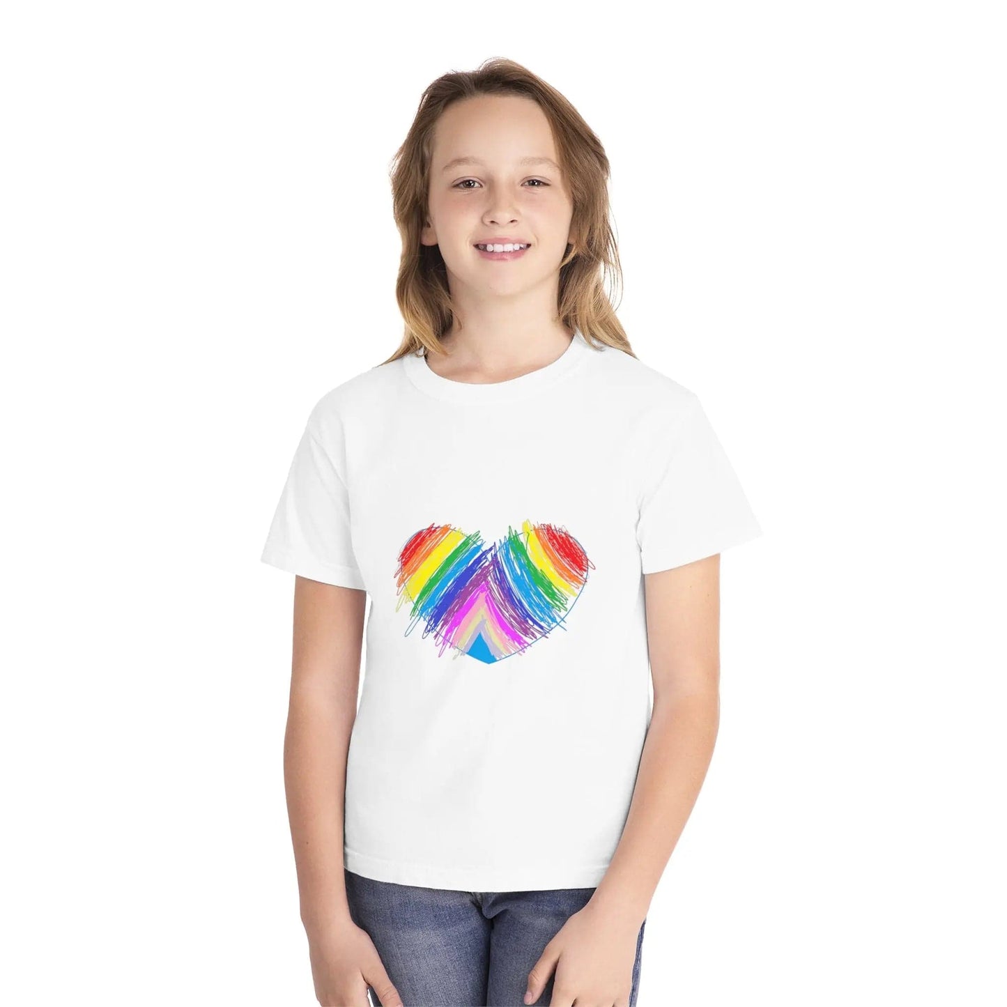 Rainbow Heart Drawing Youth Midweight T-shirt in 16 great colors White