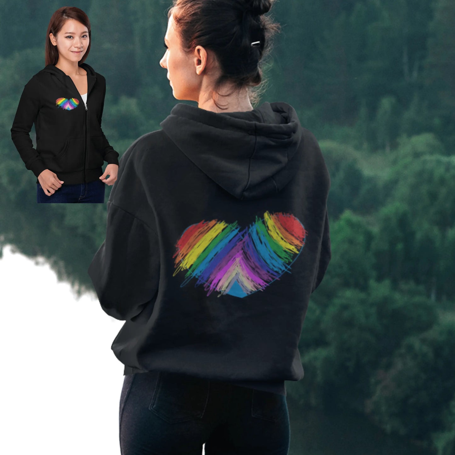 Rainbow Heart Drawing on front and back Unisex Heavy Blend™ Full Zip Hooded Sweatshirt