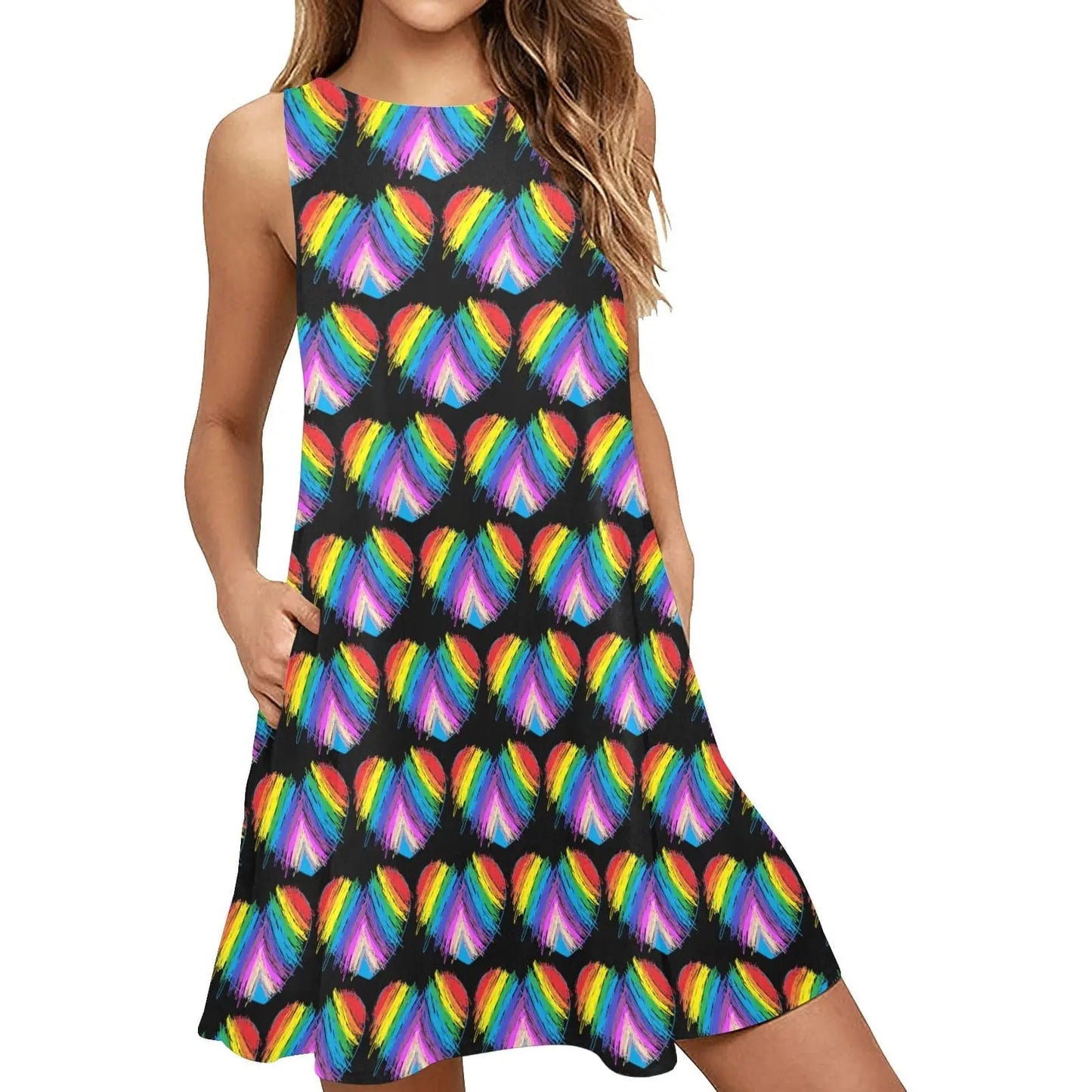 Rainbow heart Drawing Pattern Sleeveless Tank Dress with Pockets