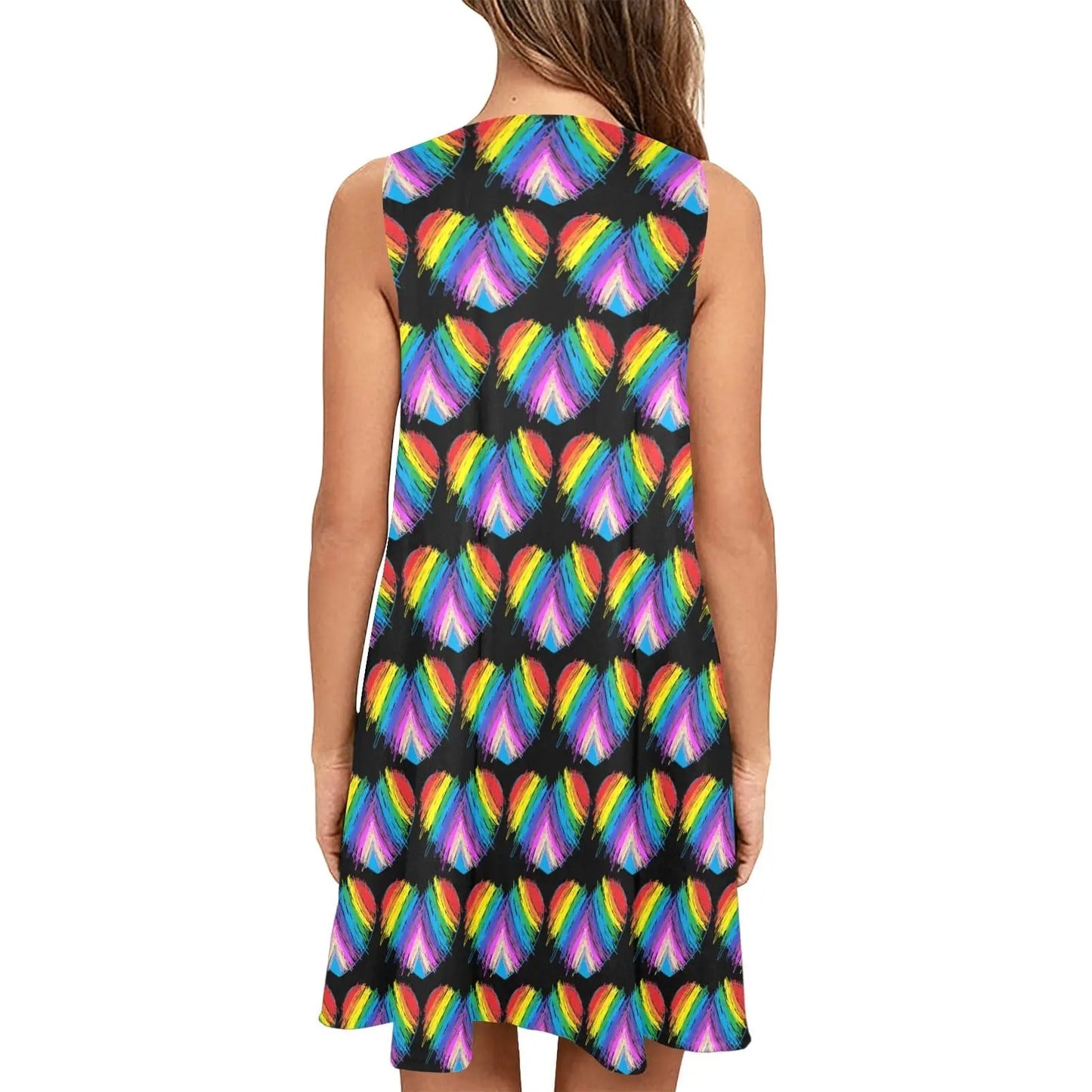 Rainbow heart Drawing Pattern Sleeveless Tank Dress with Pockets