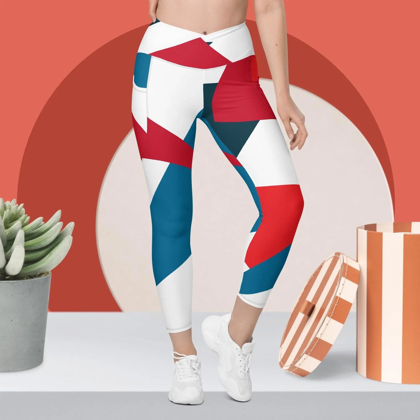 Red White Blue yoga Crossover leggings with pockets