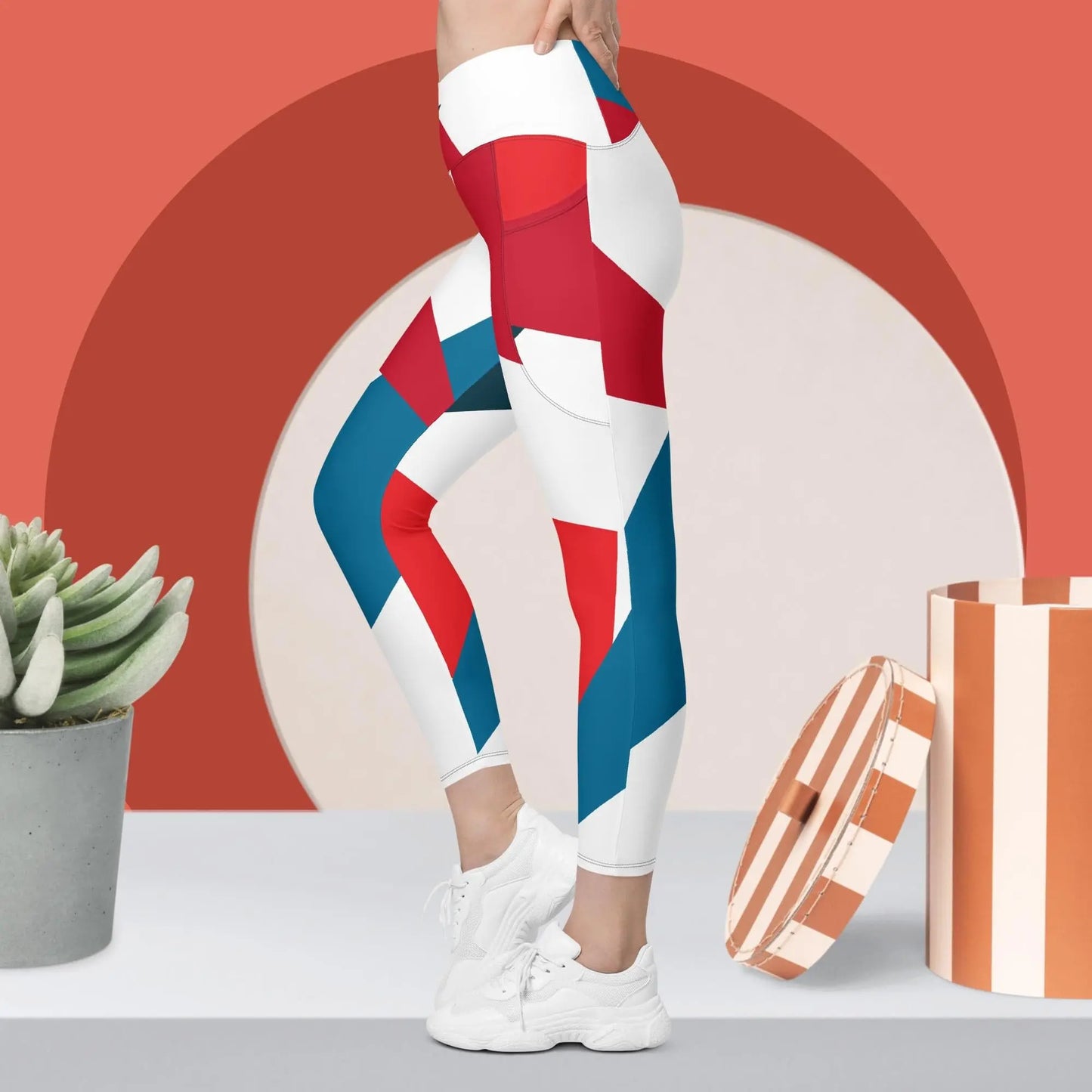 Red White Blue yoga Crossover leggings with pockets