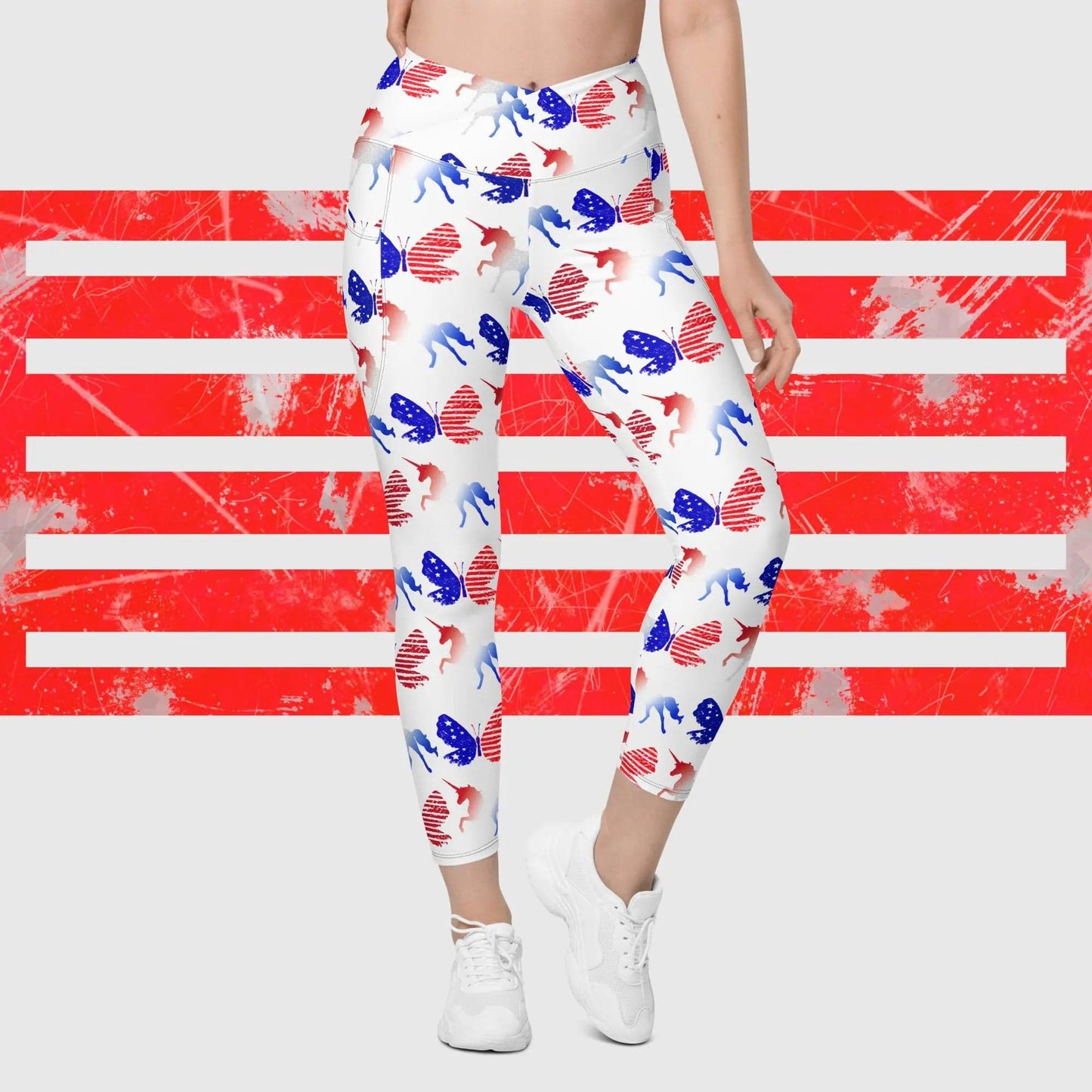 Red white Blue Unicorn Butterfly Crossover leggings with pockets