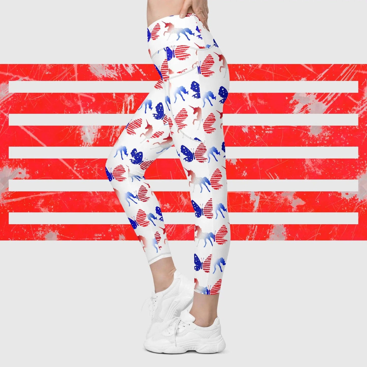 Red white Blue Unicorn Butterfly Crossover leggings with pockets