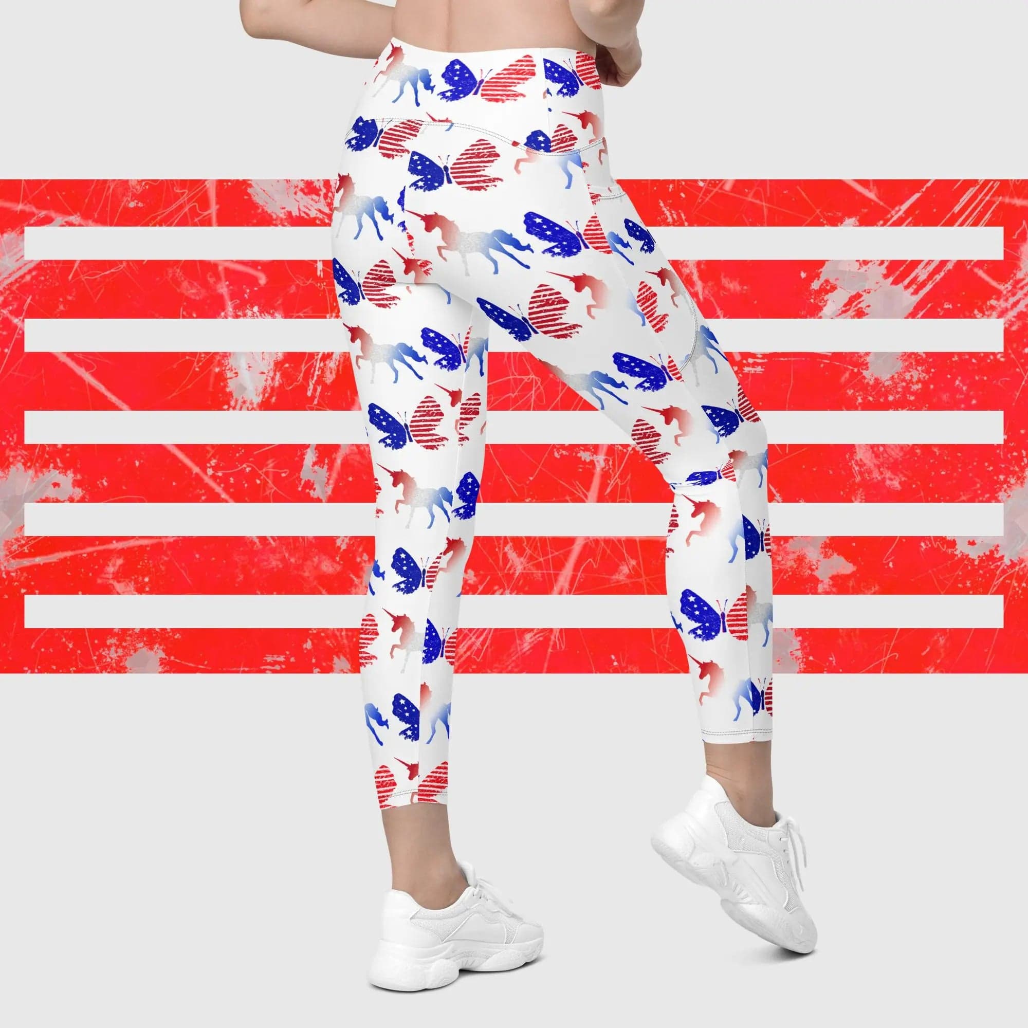 Red white Blue Unicorn Butterfly Crossover leggings with pockets