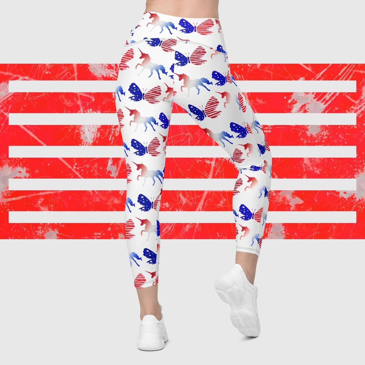 Red white Blue Unicorn Butterfly Crossover leggings with pockets