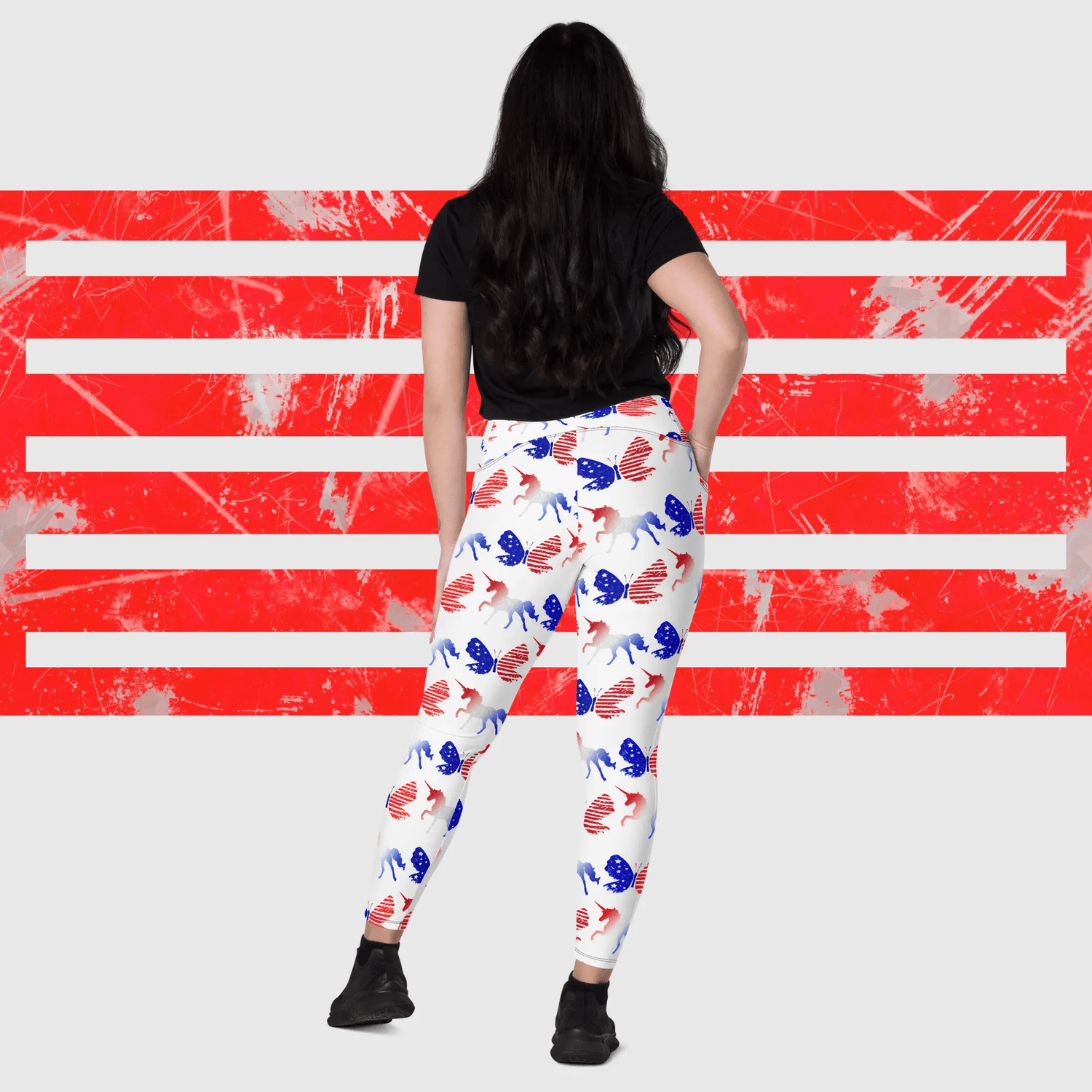 Red white Blue Unicorn Butterfly Crossover leggings with pockets