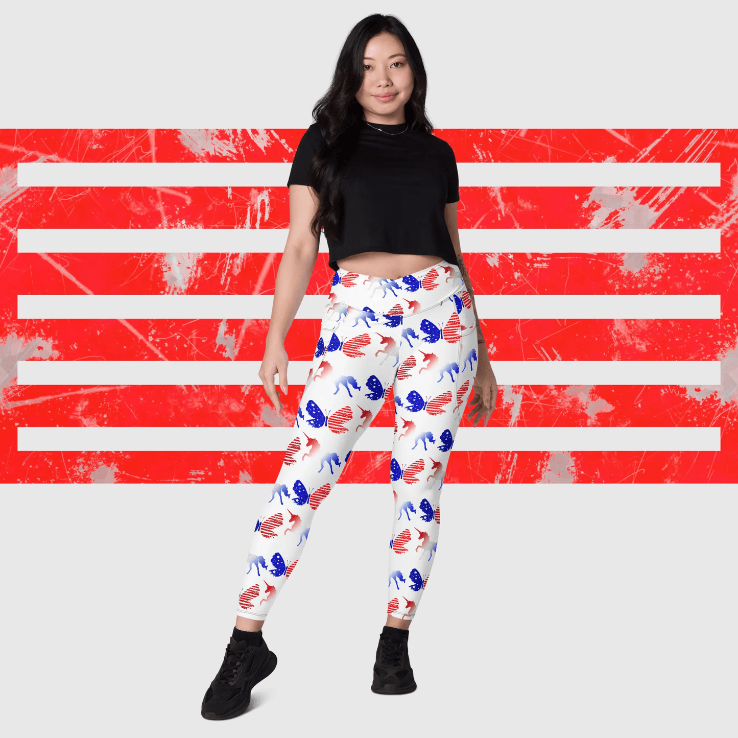 Red white Blue Unicorn Butterfly Crossover leggings with pockets