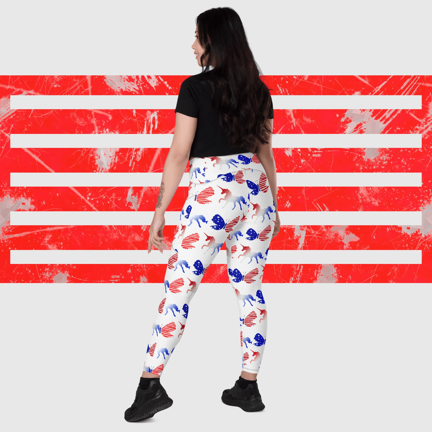 Red white Blue Unicorn Butterfly Crossover leggings with pockets