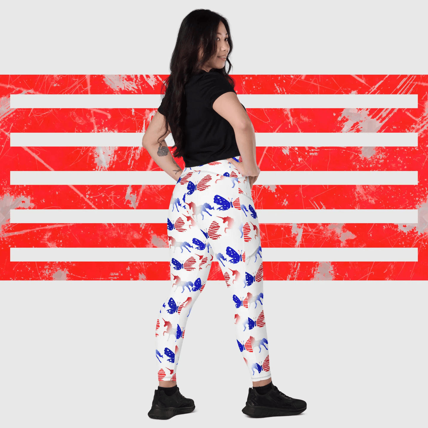 Red white Blue Unicorn Butterfly Crossover leggings with pockets