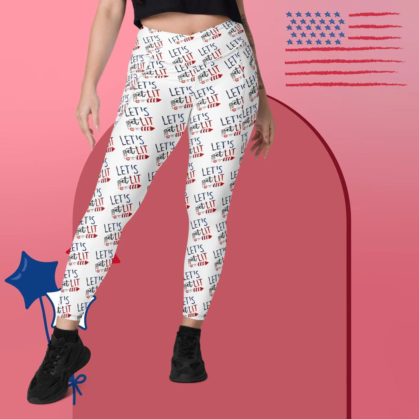 Red, White and Blue Let's Get Lit Crossover leggings with pockets