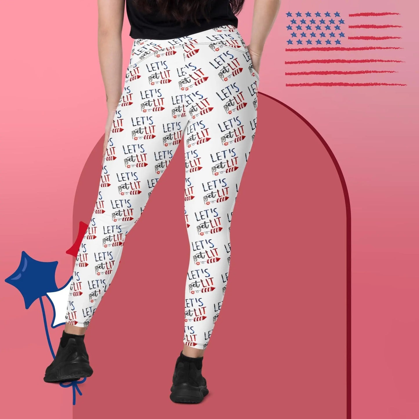 Red, White and Blue Let's Get Lit Crossover leggings with pockets