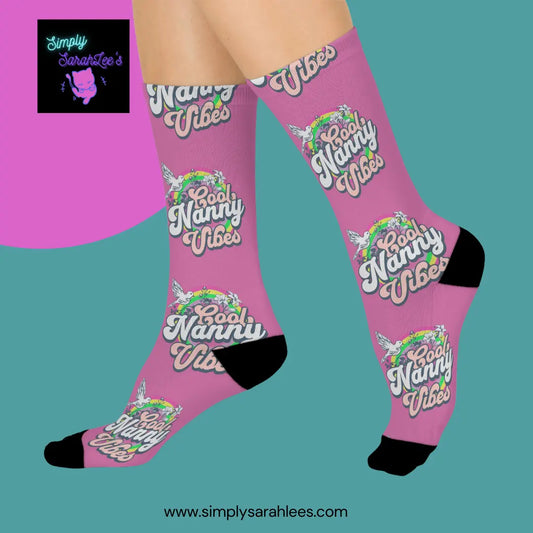 Retro Cool Nanny Vibes, Old school look on pink Cushioned Crew Socks Printify