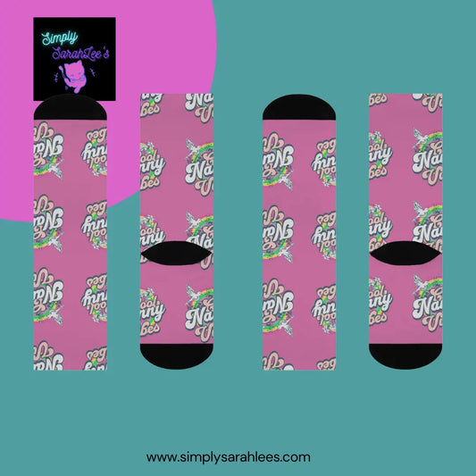 Retro Cool Nanny Vibes, Old school look on pink Cushioned Crew Socks Printify