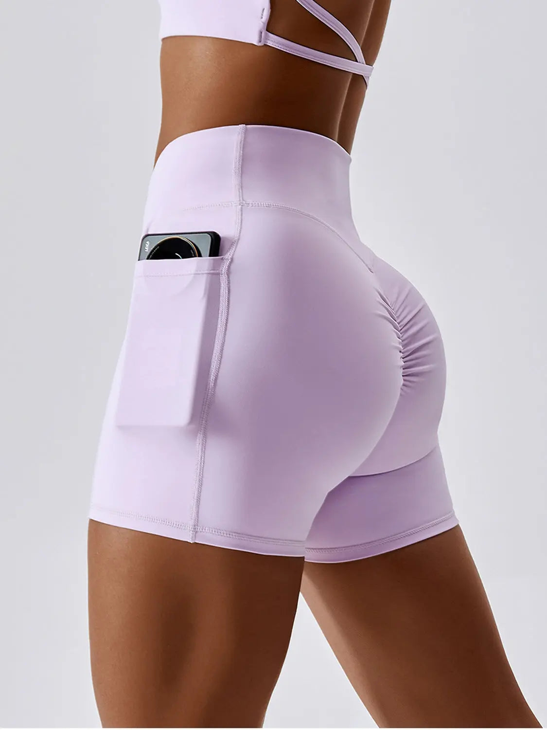 Ruched Pocketed High Waist Active Shorts Trendsi