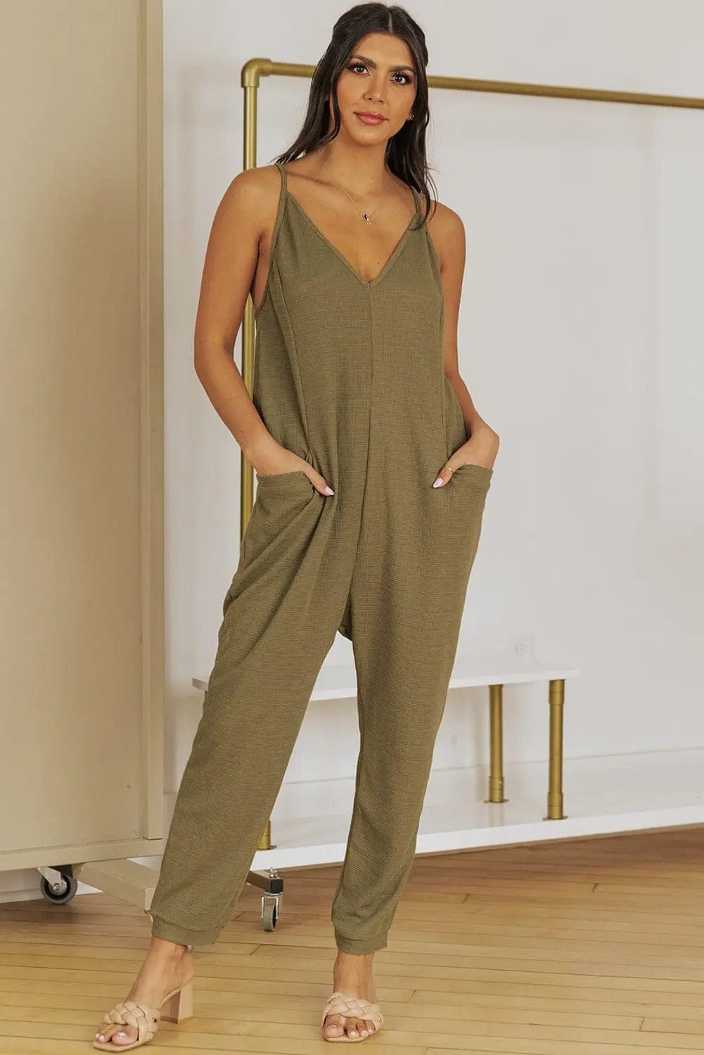 Spaghetti Strap Deep V Jumpsuit with Pockets - Simply Sarahlee's