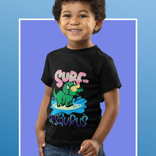 Surf A Saurus Dino Sufing Kids Heavy Cotton Tee Black