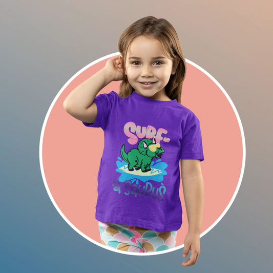 Surf A Saurus Dino Sufing Kids Heavy Cotton Tee Purple