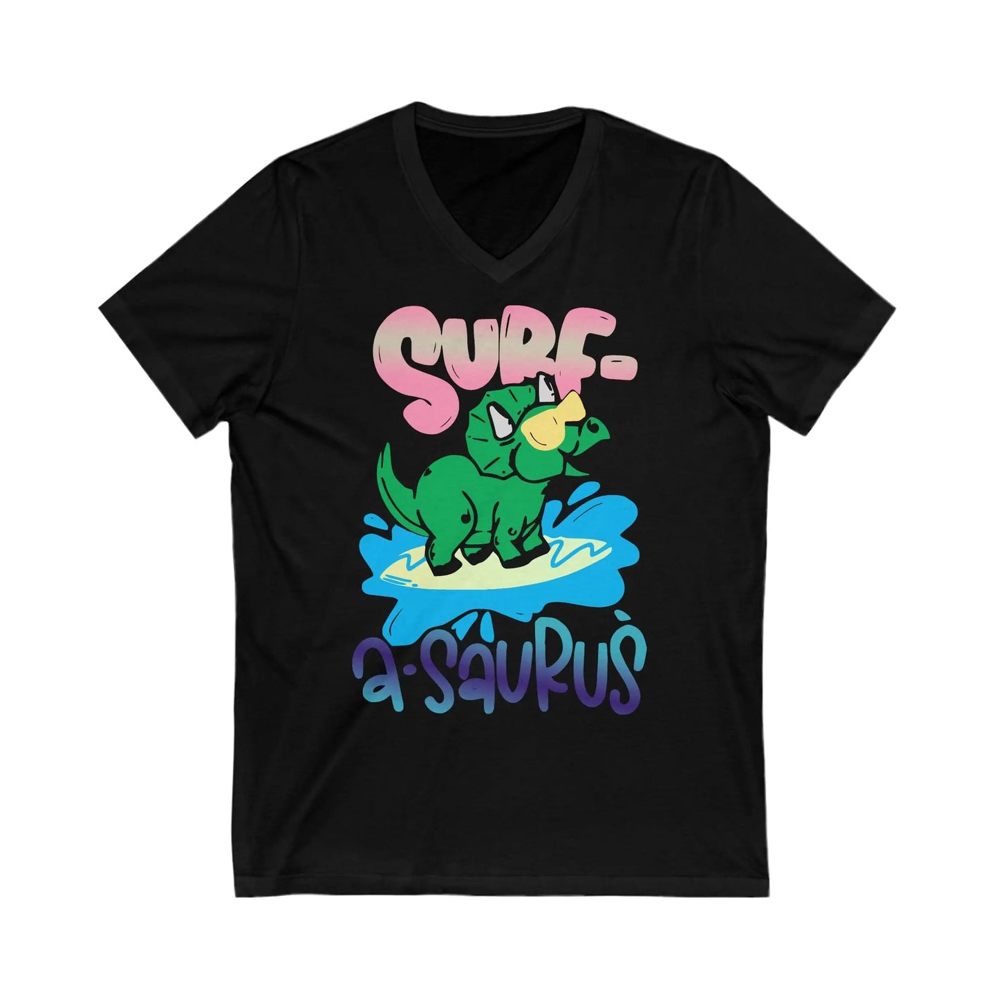 Surf A Saurus Dino Surfing Unisex Jersey Short Sleeve V-Neck Tee