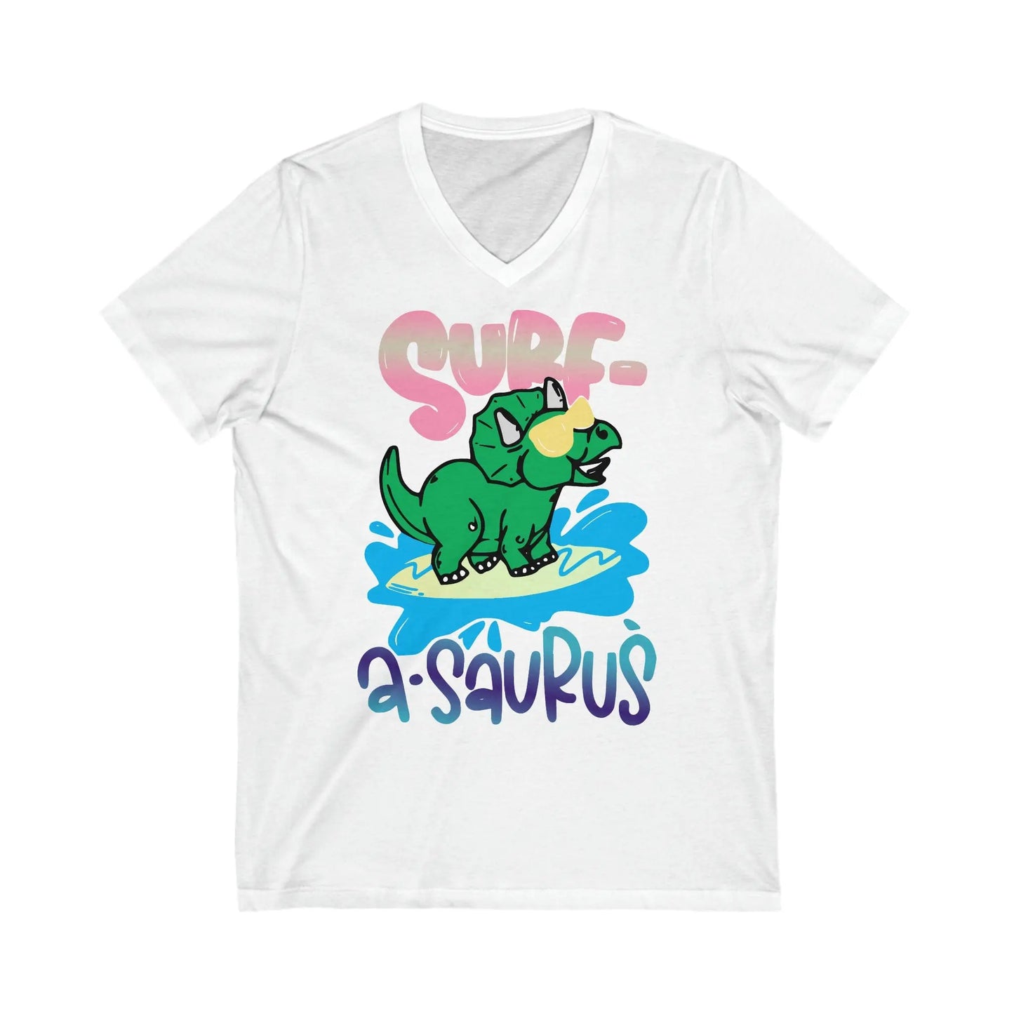 Surf A Saurus Dino Surfing Unisex Jersey Short Sleeve V-Neck Tee