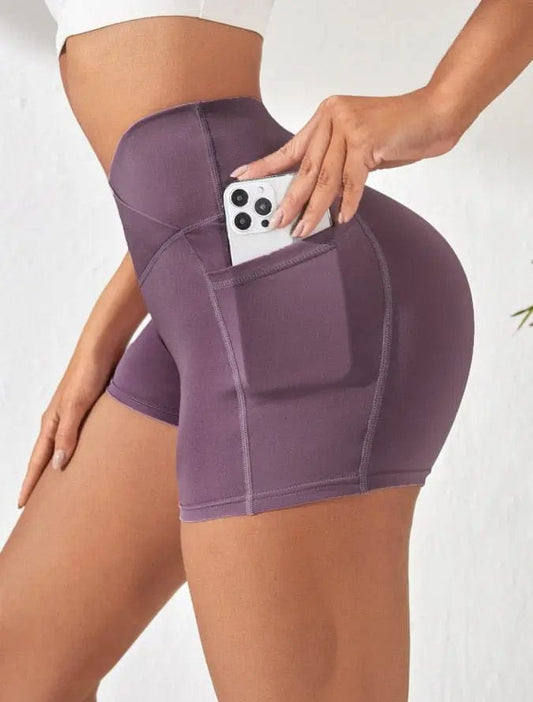 Ultimate Comfort Nanny Yoga Shorts: High-Waist Biker Shorts with Cross Waist Pocket, Perfect for Fitness and Yoga Purple