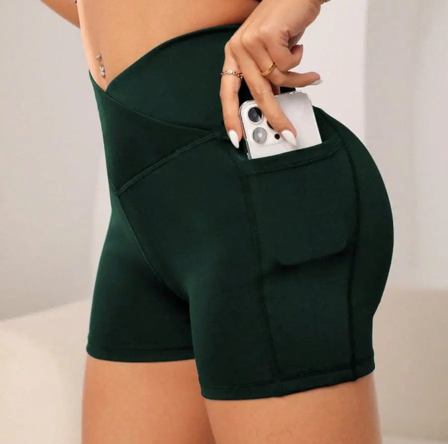 Ultimate Comfort Nanny Yoga Shorts: High-Waist Biker Shorts with Cross Waist Pocket, Perfect for Fitness and Yoga Grass green