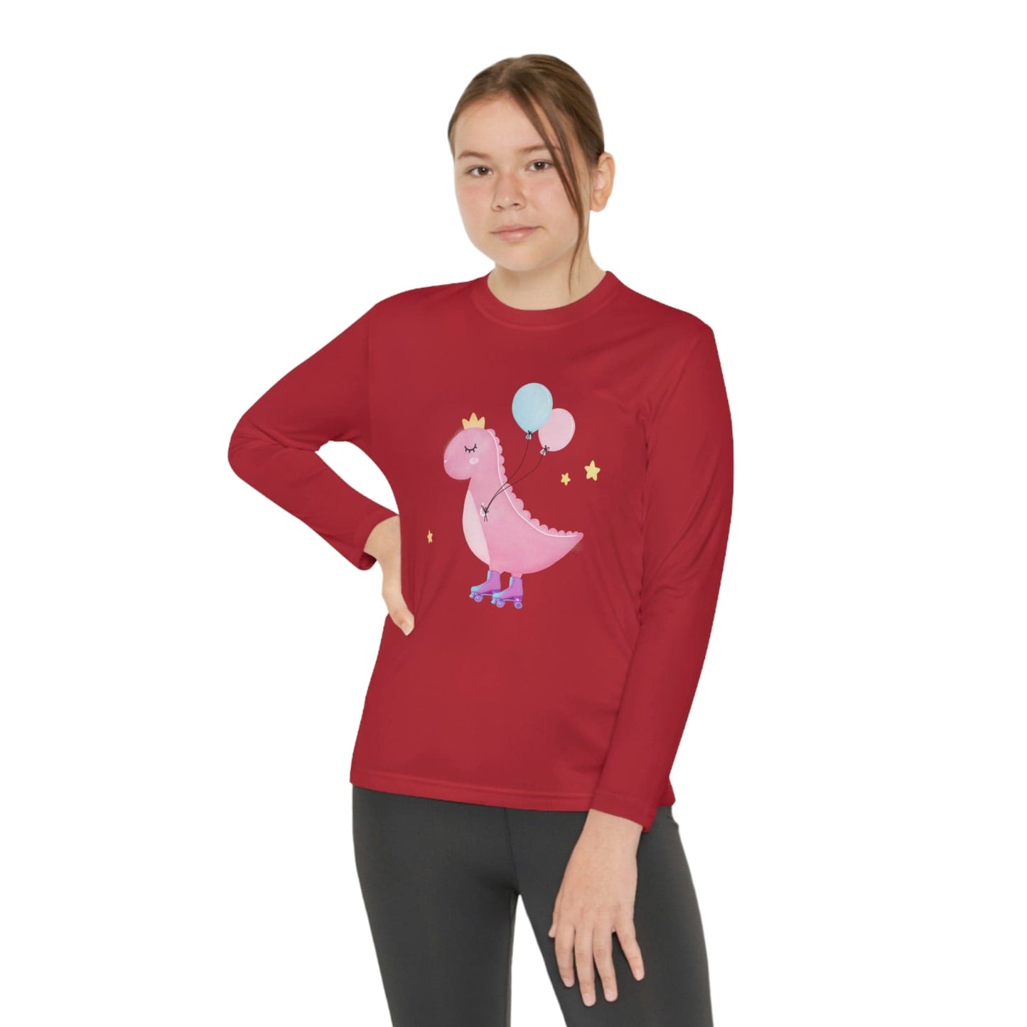 Dino dinosaur skating balloons Youth Long Sleeve Competitor Tee True Red