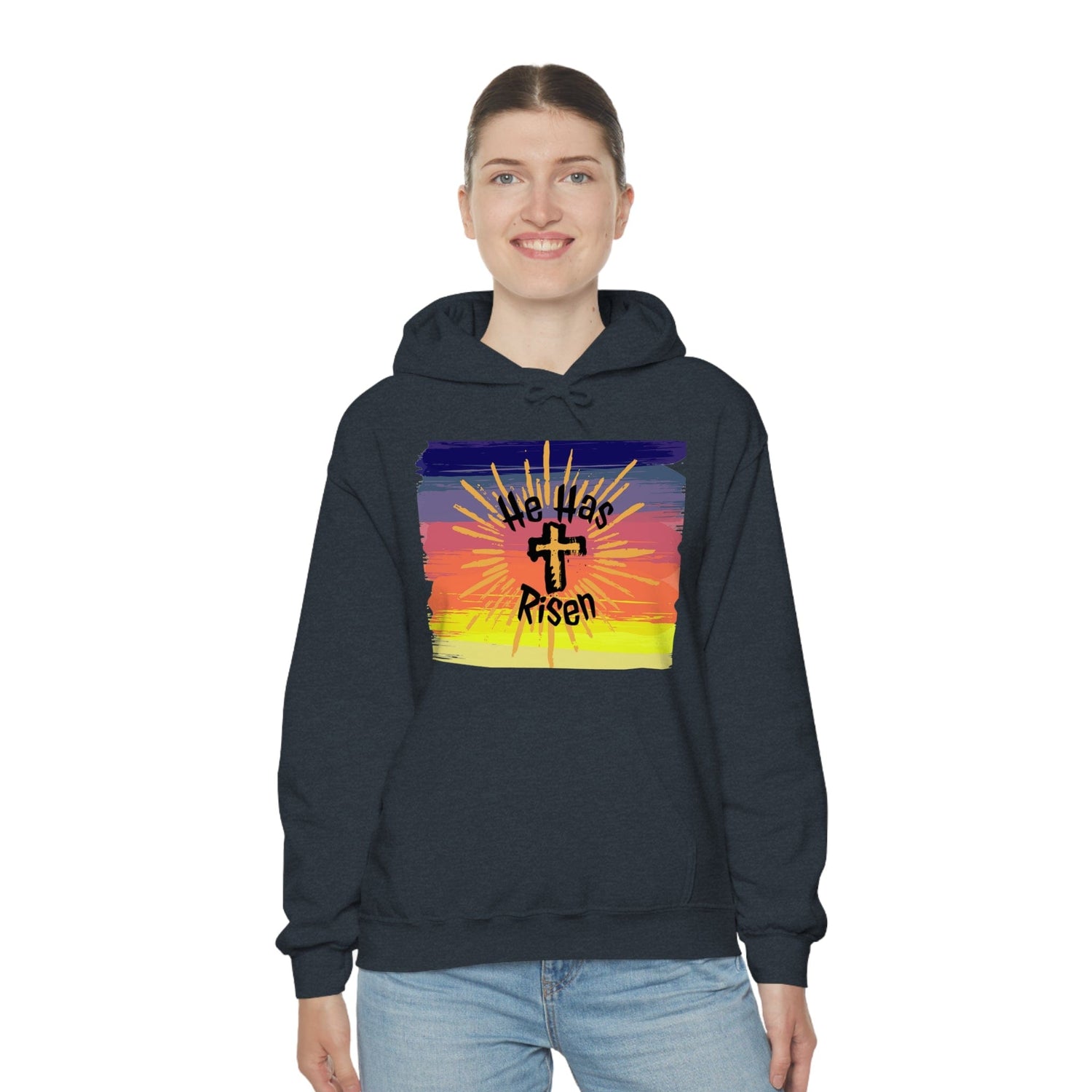 Easter He is Risen Sunset Unisex Heavy Blend Hooded Sweatshirt Heather Navy 2XL